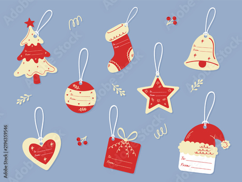 christmas gift tags vector illustration set with holiday shapes