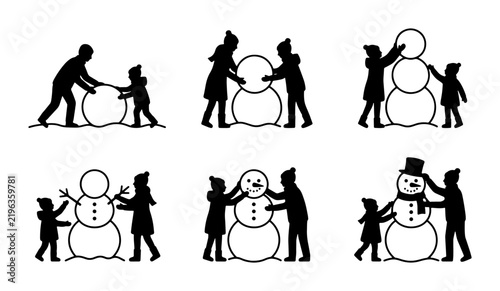 Black family silhouettes building snowmen, winter fun graphic design