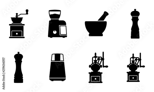 Black kitchen grinder and mill icons, mortar and pestle, cooking tools