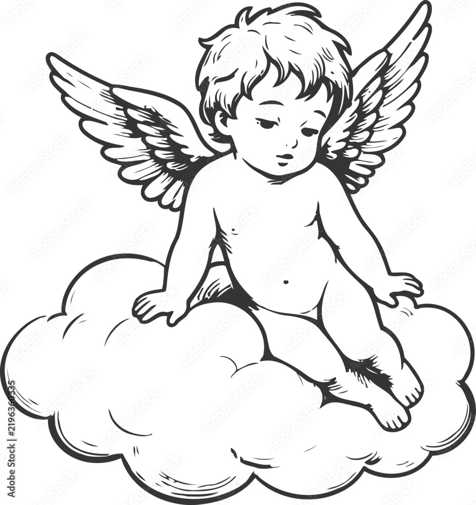 Obraz premium Cherubic angel sitting on a fluffy cloud with detailed wings and peaceful expression