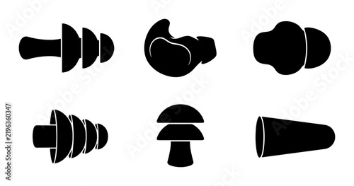 Black earplugs and ear protection silhouettes, graphic icon set
