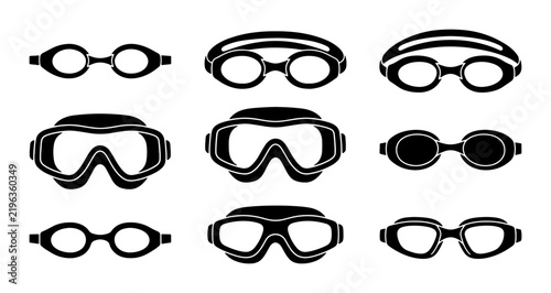 Black swimming goggles and diving masks, graphic icons, sport and