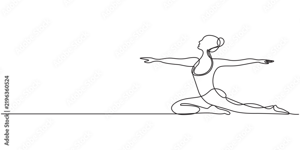 Fototapeta premium A young athletic girl practices sports yoga and fitness. A continuous line drawing of a woman doing exercises, vector illustration. Editable line art. Continuous one line drawing of human practice 