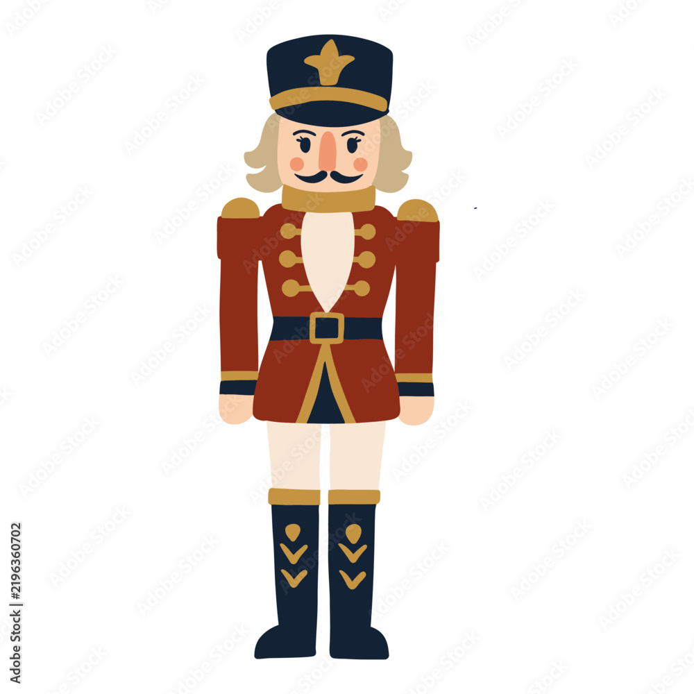 Obraz premium Christmas Nutcracker soldier, toy figure, vector illustration. Traditional uniform, tall hat, sword and ornate details give the character a classic theatrical appearance beloved holiday ballet