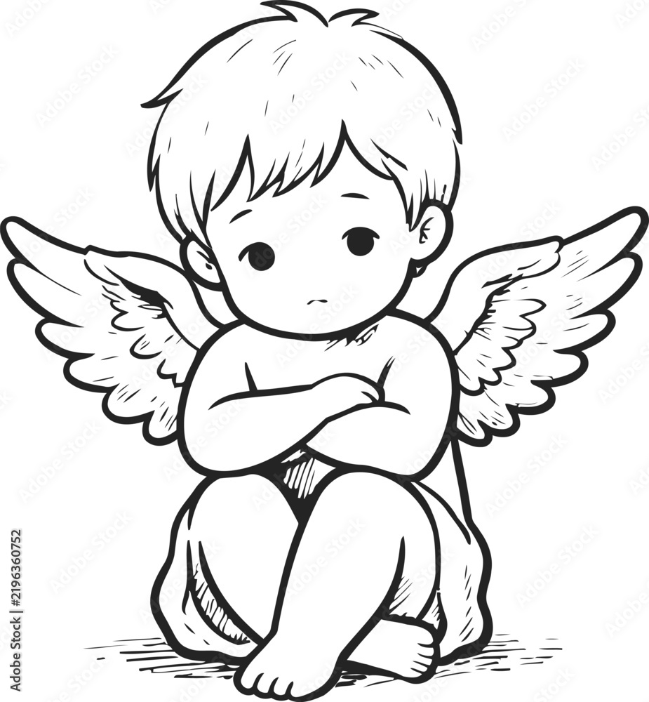 Obraz premium Sad sitting angel child with crossed arms and wings, cute cherub illustration in black and white sketch