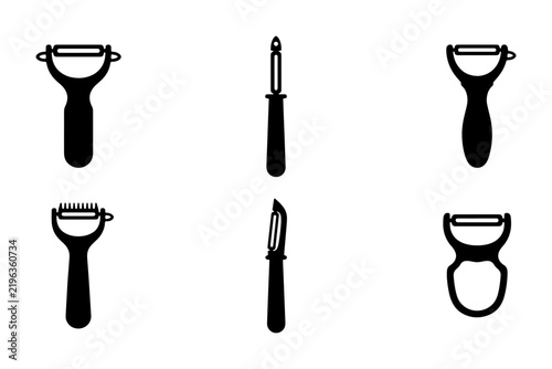 Fotografie Black kitchen peeler icons, set of various vegetable slicers, food