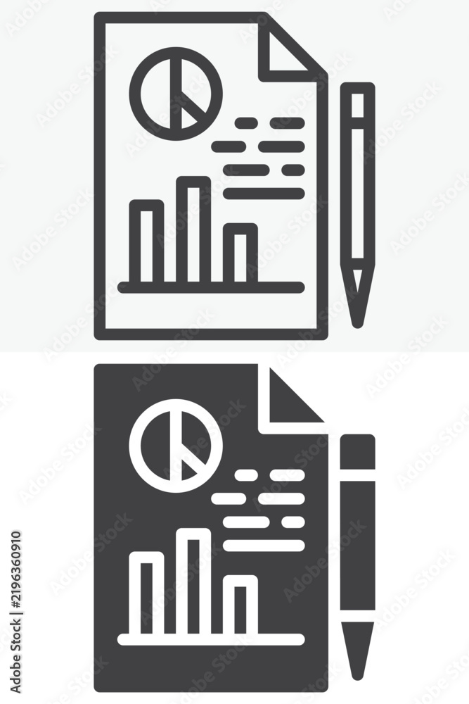 Obraz premium Financial report icon with chart and pencil in line, outline and solid styles. Editable stroke vector sign and symbol set. Analytics icon for finance document icon use.