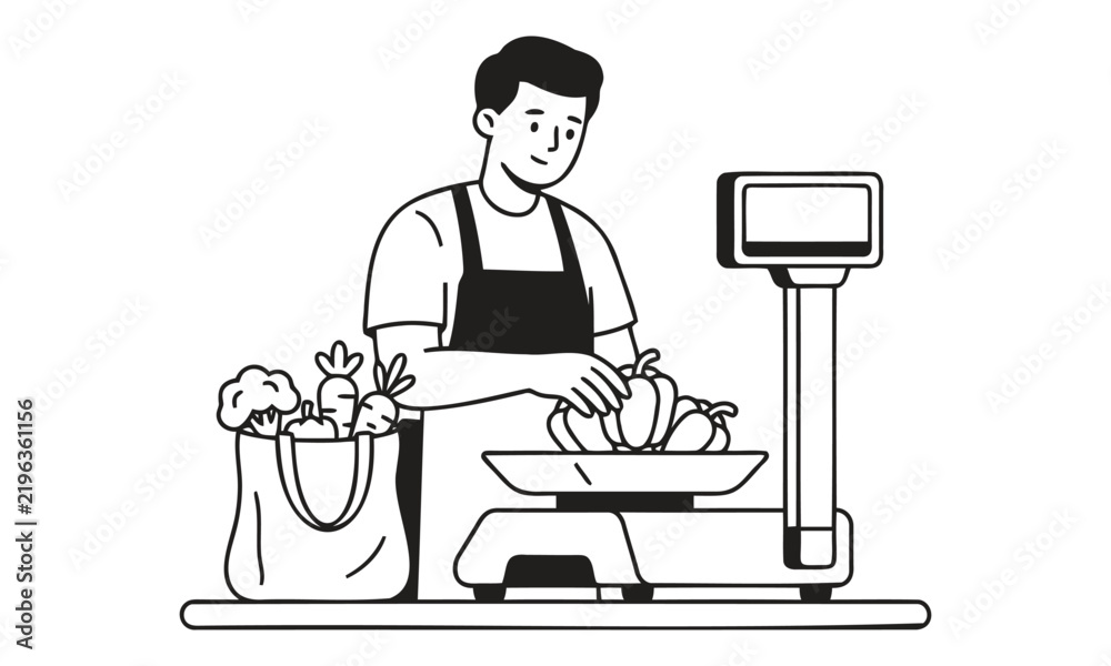 Fototapeta premium Grocery Store Clerk with Produce and Scale, Illustration of a Retail Worker Weighing Vegetables, Concept Design.