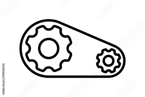 Black line icon of two gears connected by a belt, isolated on white background. Mechanical transmission symbol representing machinery, engineering, motion and industrial mechanisms
