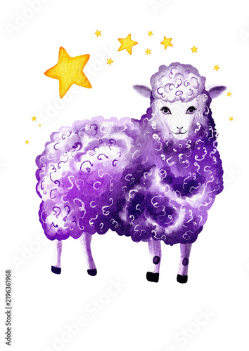 Obraz na plátně Whimsical watercolor illustration of a cute purple sheep standing under yellow s