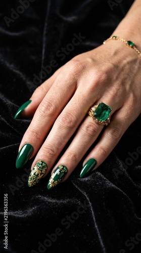 Emerald Green Crystal Luxury Manicure on Black Velvet