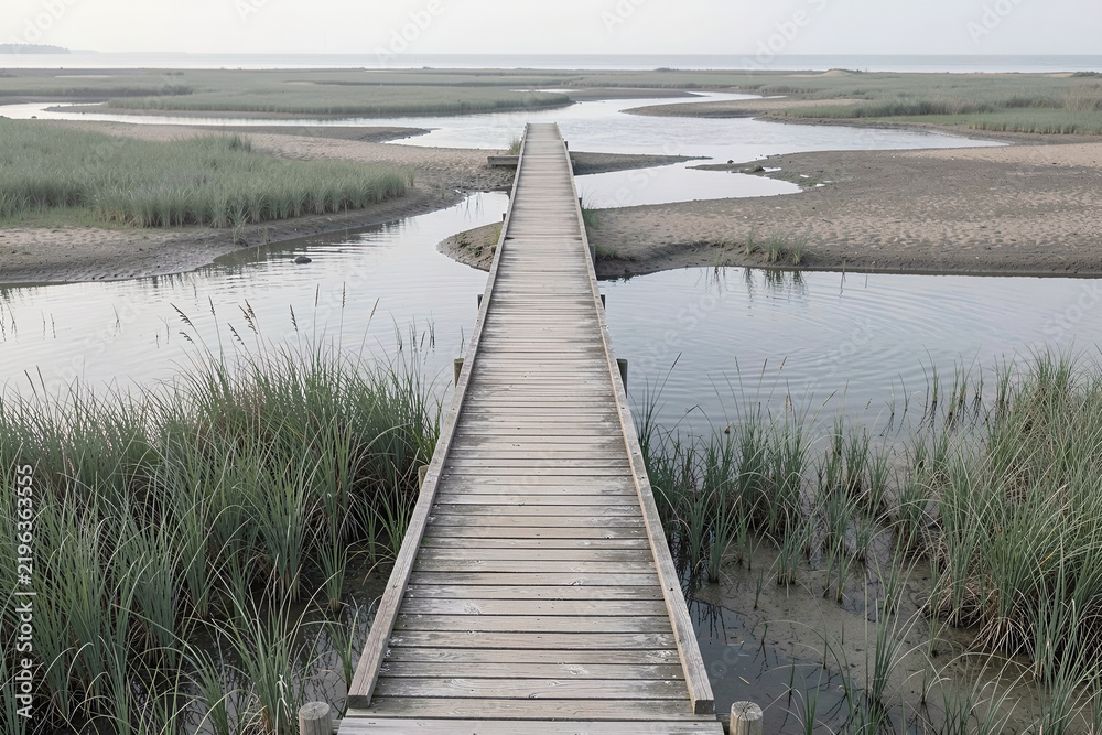 Fototapeta premium Narrow wooden footbridge in a quiet salt marsh toward a still tidal channel
