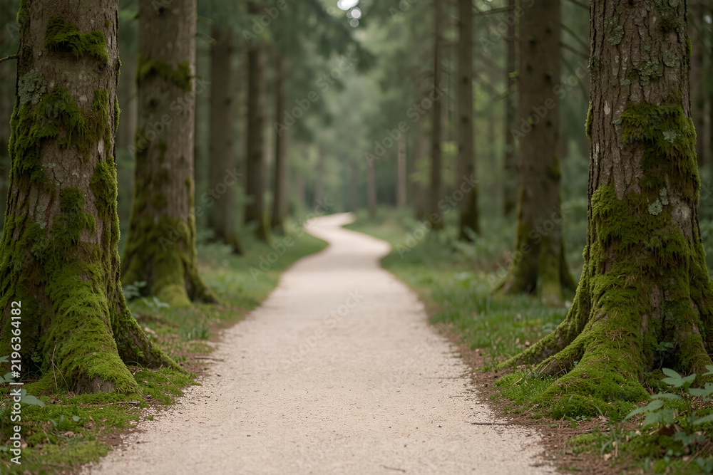 Fototapeta premium narrow earthen trail through a mossy temperate forest leading to a softly lit opening
