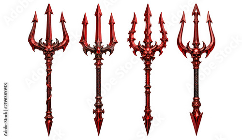 Set of four ornate red demonic tridents isolated on transparent background