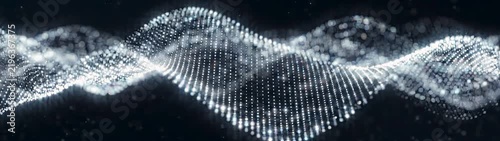 Data visualization and digital connectivity concept glowing white particle wave flowing in dark space abstract technology background with motion.
