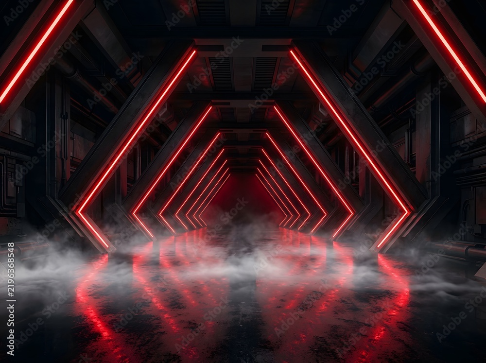 Fototapeta premium Mysterious futuristic corridor illuminated by striking red neon beams converging into a mesmerizing