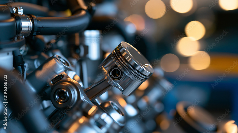 Fototapeta premium Internal combustion engine cross-section showing mechanical components, technical detail and engineering precision, automotive design concept, with copy space