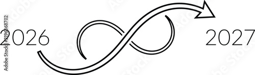 Minimalist black and white line art vector graphic featuring a curvy arrow transition from 2026 to 2027