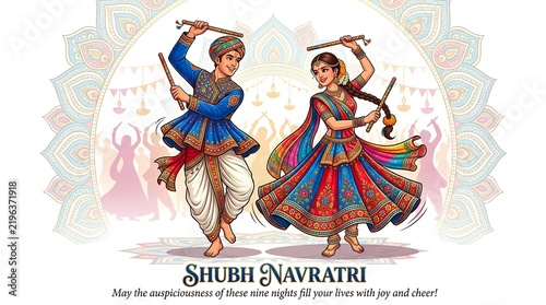 Colorful Navratri celebration with a traditional couple performing Dandiya Raas amid festive decorations, diyas, rangoli, and vibrant Indian cultural elements. Generative AI