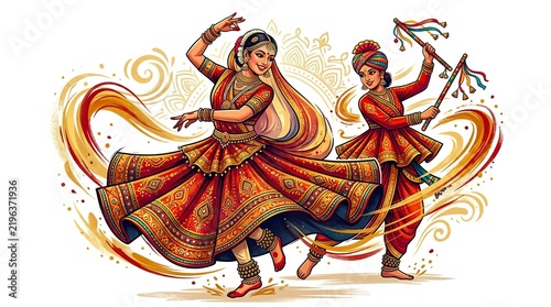 Colorful Navratri celebration with a traditional couple performing Dandiya Raas amid festive decorations, diyas, rangoli, and vibrant Indian cultural elements. Generative AI