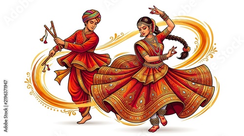 Colorful Navratri celebration with a traditional couple performing Dandiya Raas amid festive decorations, diyas, rangoli, and vibrant Indian cultural elements. Generative AI