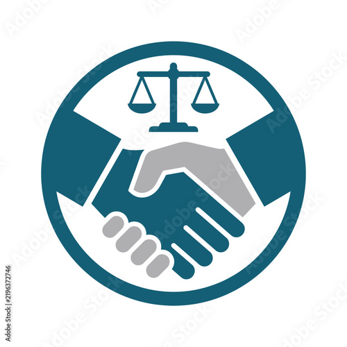 Legal agreement handshake circle logo with balance scales of justice symbol represents successful mediation partnership and fair law firm negotiations.