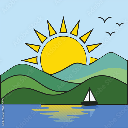 Sunrise Over Hills and Ocean Landscape Illustration