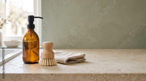 Reusable household cleaning supplies with unbranded amber refill dispenser