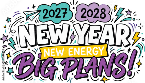 2027 to 2028 New Year Doodle Typography Poster