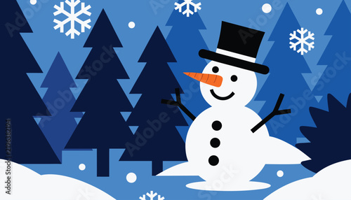 Cheerful snowman with carrot nose stands in snowy forest under falling snowflakes vector illustration