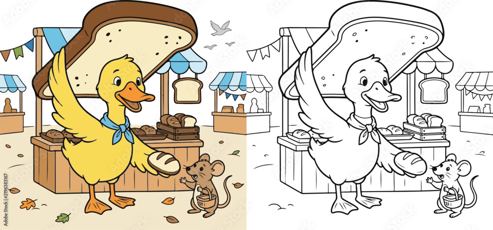 Fototapeta premium duck bread bakery bread as an umbrella funny animal selling favorite food cartoon clipart line art print vector illustration school student children kids coloring book