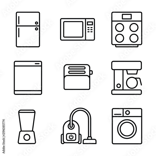 Modern household kitchen appliances line icon set with coffee maker vacuum cleaner washing machine