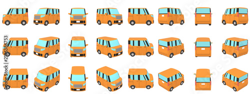 自動車のイラスト素材　デフォルメ　小型ハイトワゴン（1）　オレンジ　24点セット