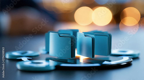 Circular synchronization arrows connecting digital folders to a central document archive, file synchronization, centralized records, cloud storage, document workflow, data