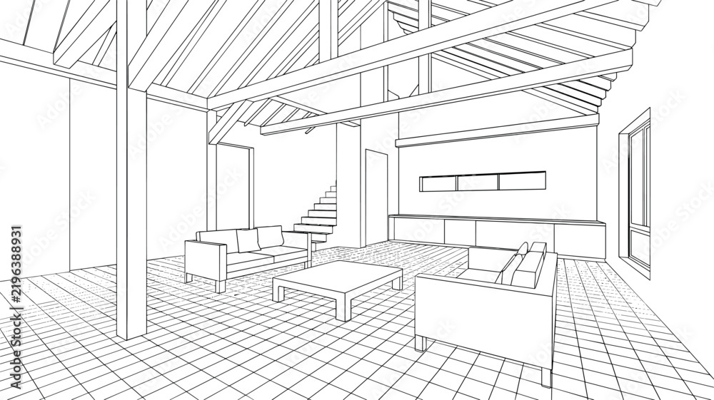 Fototapeta premium Linear perspective line art illustration of a classical interior hallway featuring ornate doorframes, coffered ceiling beams, and decorative window sill