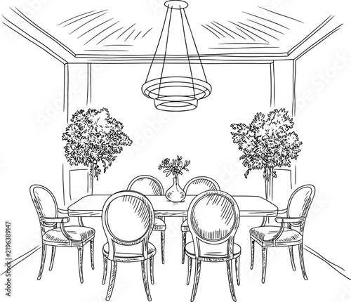Luxury dining room interior line art vector drawing elegant dining table setup outline architectural design concept