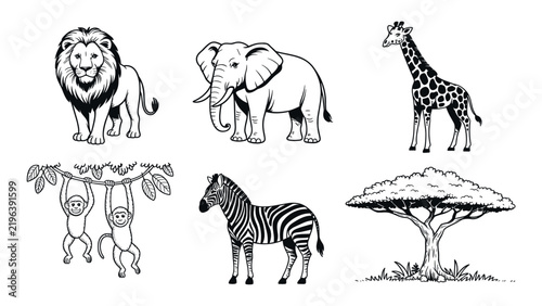 Canvas Print A collection of hand drawn black and white safari animals including a lion eleph