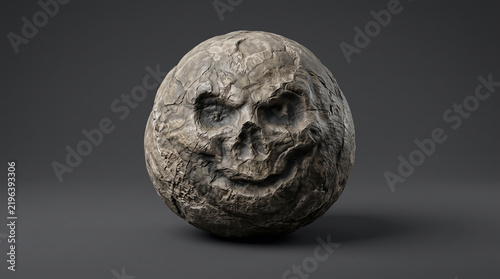 Ancient Fossilized Stone Egg with Creepy Skull Face on Dark Neutral Background