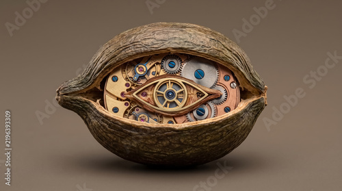 Surreal Botanical Seed Pod Revealing Steampunk Mechanical Gears and Eye Motif