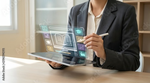 Woman interacting with digital tablet displaying education icons and open book