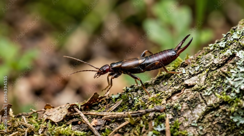 Obraz premium Brown earwig insect with prominent pincers climbing on a mossy tree log in the wild nature