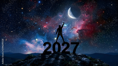 Young woman standing on a hilltop with arms raised in front of a starry night sky and crescent moon with 2027 text