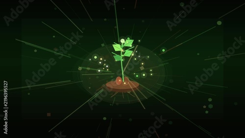 Green sprout growing rapidly from soil in an energetic digital motion graphic animation showing life cycle and nature energy growth