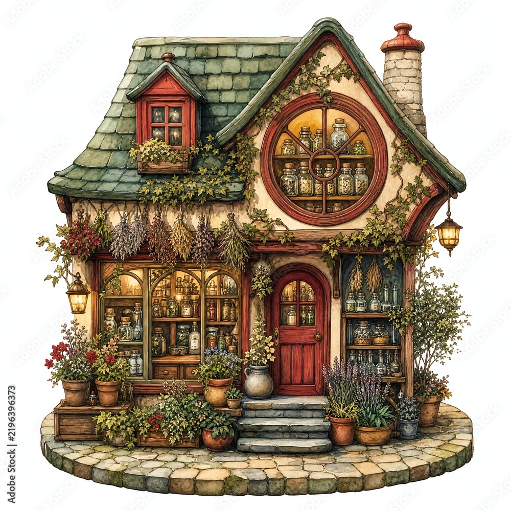 Fototapeta premium Miniature Apothecary Cottage With Round Window Full Of Jars