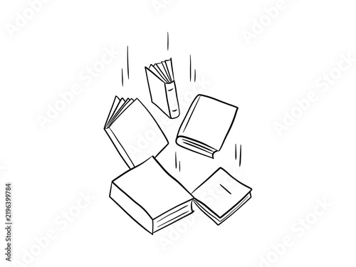 Hand drawn falling open paper books doodle illustration on transparent background. For education, reading, study, library, examination, knowledge overload, and back to school graphics.