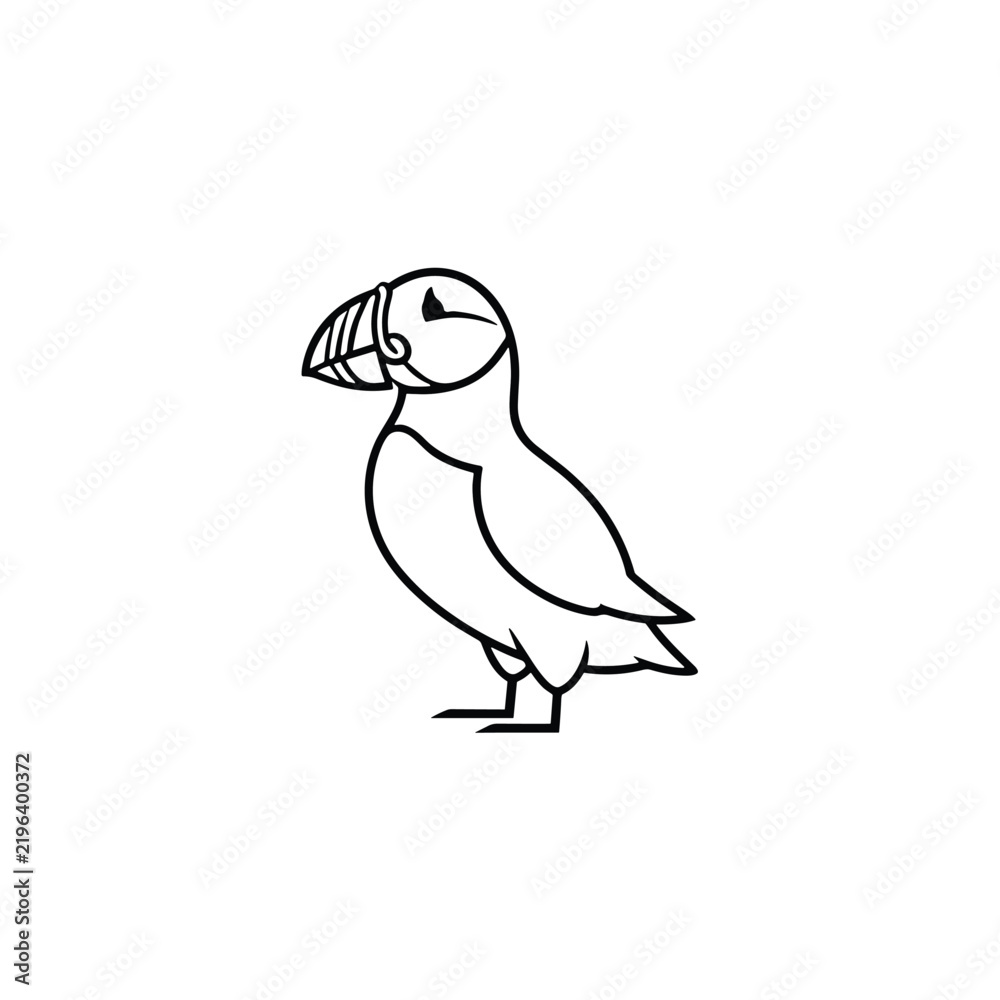 Fototapeta premium Atlantic puffin line art illustration featuring a detailed side profile view of a sea parrot with a striped beak.