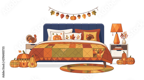 Cozy Thanksgiving Bedroom Interior with Autumnal Decor and Pumpkins Vector Illustration