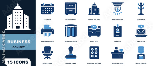 Business icon set with fifteen office infrastructure, administrative tools  and corporate workspace equipment