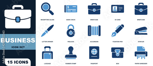 Business icon set featuring fifteen office supplies, stationery and equipment in blue tones