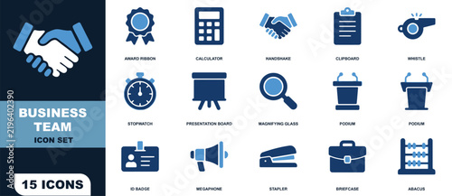 Business team icon set containing fifteen collaboration tools office equipment and a workplace handshake
